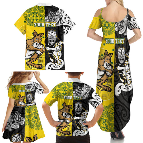 Aotearoa New Zealand and Australia Rugby Personalized Family Matching Summer Maxi Dress and Hawaiian Shirt Maori Koru and Aboriginal Dot Art Cultural Heritage