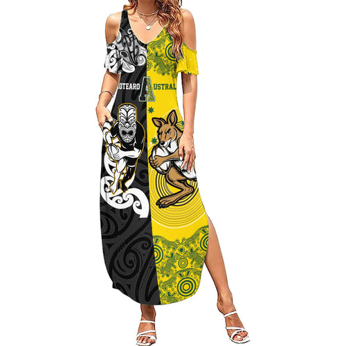 Aotearoa New Zealand and Australia Rugby Personalized Family Matching Summer Maxi Dress and Hawaiian Shirt Maori Koru and Aboriginal Dot Art Cultural Heritage