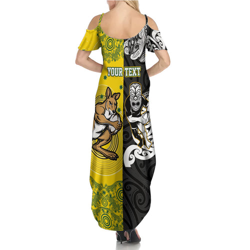 Aotearoa New Zealand and Australia Rugby Personalized Family Matching Summer Maxi Dress and Hawaiian Shirt Maori Koru and Aboriginal Dot Art Cultural Heritage