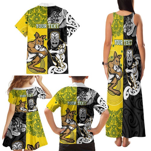 Aotearoa New Zealand and Australia Rugby Personalized Family Matching Tank Maxi Dress and Hawaiian Shirt Maori Koru and Aboriginal Dot Art Cultural Heritage