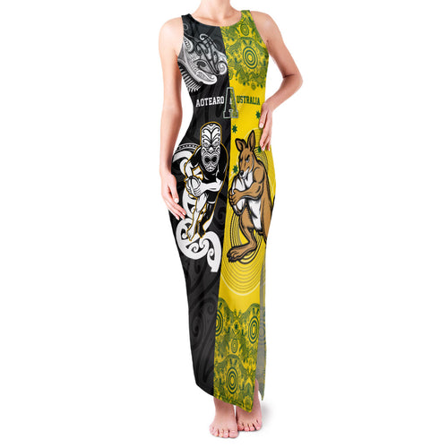 Aotearoa New Zealand and Australia Rugby Personalized Family Matching Tank Maxi Dress and Hawaiian Shirt Maori Koru and Aboriginal Dot Art Cultural Heritage