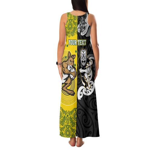 Aotearoa New Zealand and Australia Rugby Personalized Family Matching Tank Maxi Dress and Hawaiian Shirt Maori Koru and Aboriginal Dot Art Cultural Heritage
