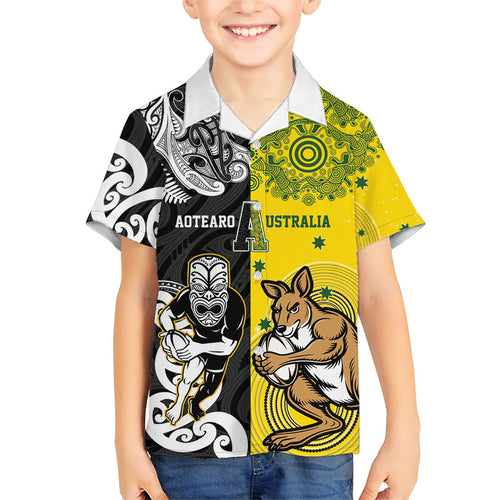 Aotearoa New Zealand and Australia Rugby Personalized Family Matching Tank Maxi Dress and Hawaiian Shirt Maori Koru and Aboriginal Dot Art Cultural Heritage