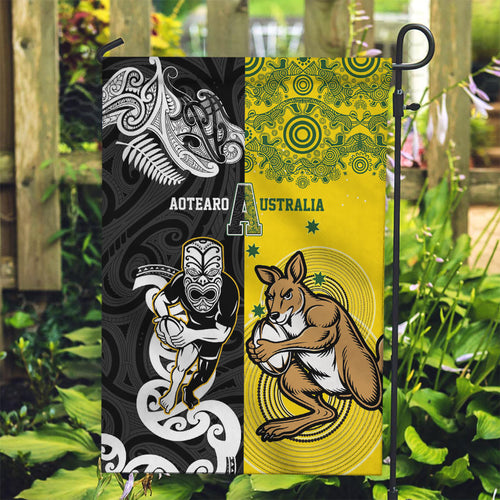 Aotearoa New Zealand and Australia Rugby Garden Flag Maori Koru and Aboriginal Dot Art Cultural Heritage