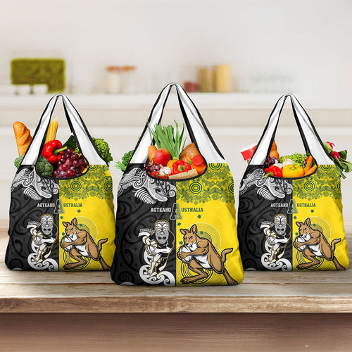 Aotearoa New Zealand and Australia Rugby Grocery Bag Maori Koru and Aboriginal Dot Art Cultural Heritage