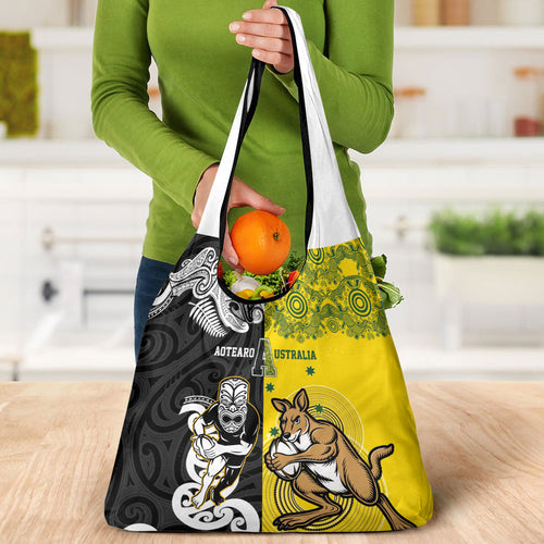 Aotearoa New Zealand and Australia Rugby Grocery Bag Maori Koru and Aboriginal Dot Art Cultural Heritage