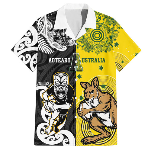 Aotearoa New Zealand and Australia Rugby Personalized Hawaiian Shirt Maori Koru and Aboriginal Dot Art Cultural Heritage