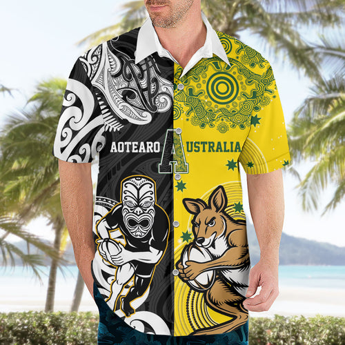 Aotearoa New Zealand and Australia Rugby Personalized Hawaiian Shirt Maori Koru and Aboriginal Dot Art Cultural Heritage
