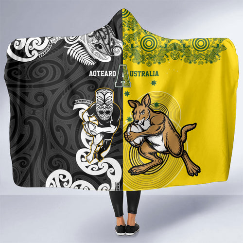 Aotearoa New Zealand and Australia Rugby Hooded Blanket Maori Koru and Aboriginal Dot Art Cultural Heritage
