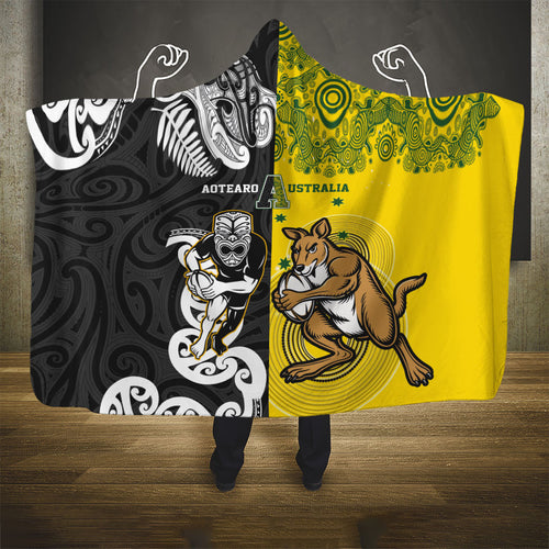 Aotearoa New Zealand and Australia Rugby Hooded Blanket Maori Koru and Aboriginal Dot Art Cultural Heritage