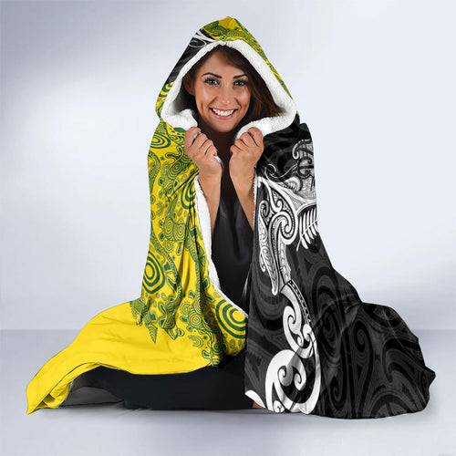Aotearoa New Zealand and Australia Rugby Hooded Blanket Maori Koru and Aboriginal Dot Art Cultural Heritage