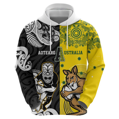Aotearoa New Zealand and Australia Rugby Personalized Hoodie Maori Koru and Aboriginal Dot Art Cultural Heritage