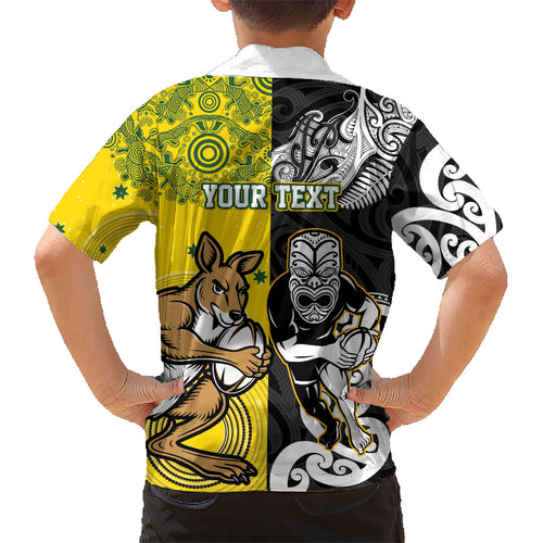 Aotearoa New Zealand and Australia Rugby Personalized Kid Hawaiian Shirt Maori Koru and Aboriginal Dot Art Cultural Heritage