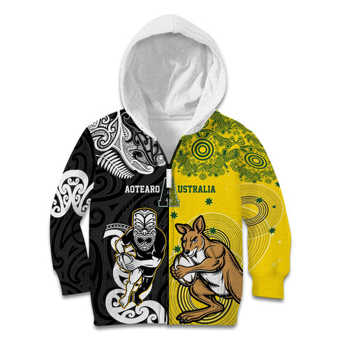 Aotearoa New Zealand and Australia Rugby Personalized Kid Hoodie Maori Koru and Aboriginal Dot Art Cultural Heritage