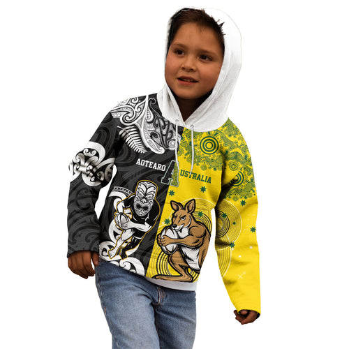 Aotearoa New Zealand and Australia Rugby Personalized Kid Hoodie Maori Koru and Aboriginal Dot Art Cultural Heritage