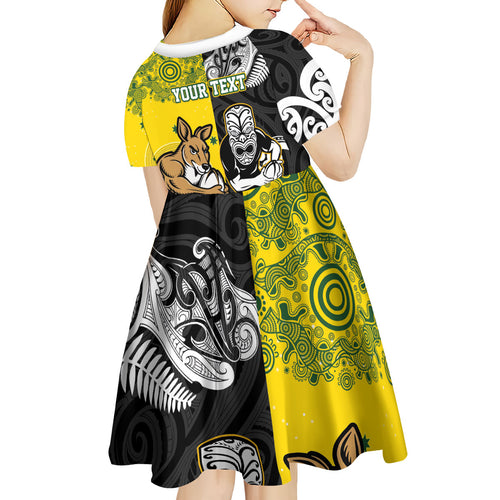 Aotearoa New Zealand and Australia Rugby Personalized Kid Short Sleeve Dress Maori Koru and Aboriginal Dot Art Cultural Heritage