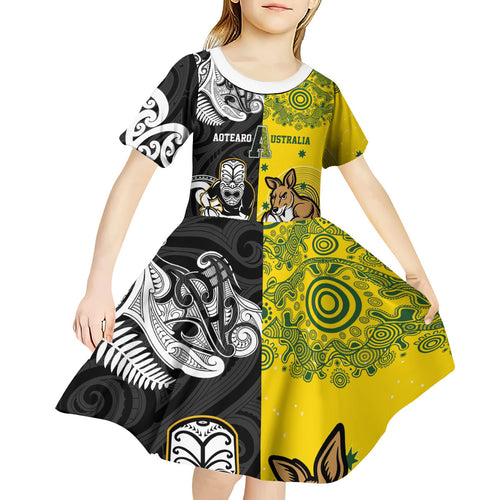 Aotearoa New Zealand and Australia Rugby Personalized Kid Short Sleeve Dress Maori Koru and Aboriginal Dot Art Cultural Heritage