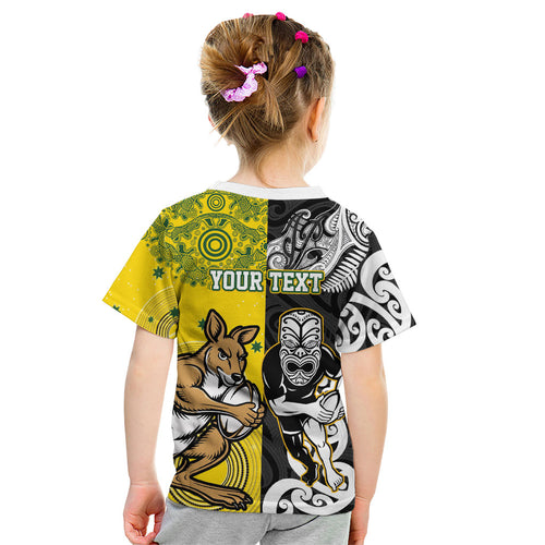 Aotearoa New Zealand and Australia Rugby Personalized Kid T Shirt Maori Koru and Aboriginal Dot Art Cultural Heritage