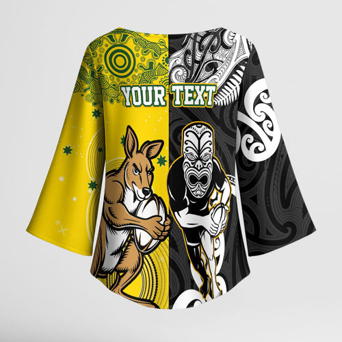 Aotearoa New Zealand and Australia Rugby Personalized Kimono Sleeve Blouse Maori Koru and Aboriginal Dot Art Cultural Heritage