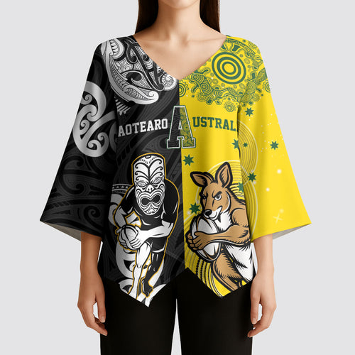 Aotearoa New Zealand and Australia Rugby Personalized Kimono Sleeve Blouse Maori Koru and Aboriginal Dot Art Cultural Heritage