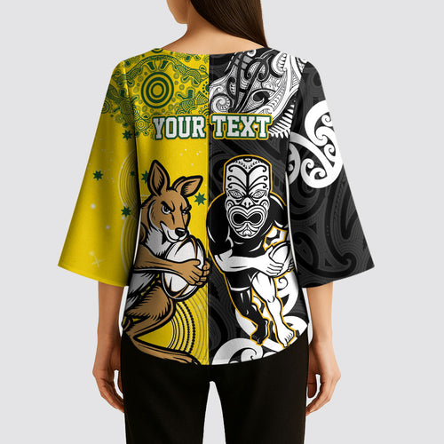 Aotearoa New Zealand and Australia Rugby Personalized Kimono Sleeve Blouse Maori Koru and Aboriginal Dot Art Cultural Heritage