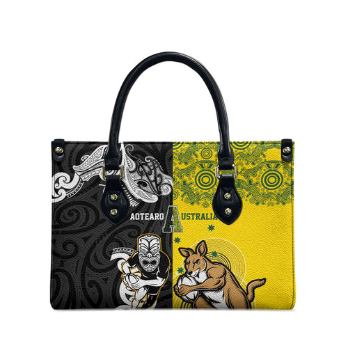 Aotearoa New Zealand and Australia Rugby Leather Bag Maori Koru and Aboriginal Dot Art Cultural Heritage