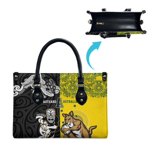 Aotearoa New Zealand and Australia Rugby Leather Bag Maori Koru and Aboriginal Dot Art Cultural Heritage