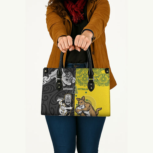 Aotearoa New Zealand and Australia Rugby Leather Bag Maori Koru and Aboriginal Dot Art Cultural Heritage