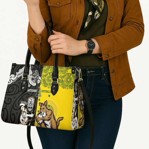 Aotearoa New Zealand and Australia Rugby Leather Bag Maori Koru and Aboriginal Dot Art Cultural Heritage