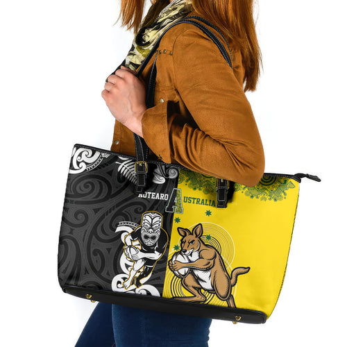 Aotearoa New Zealand and Australia Rugby Leather Tote Bag Maori Koru and Aboriginal Dot Art Cultural Heritage