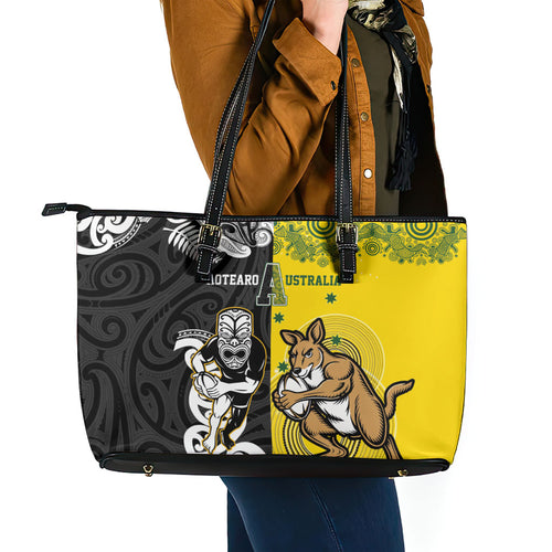 Aotearoa New Zealand and Australia Rugby Leather Tote Bag Maori Koru and Aboriginal Dot Art Cultural Heritage
