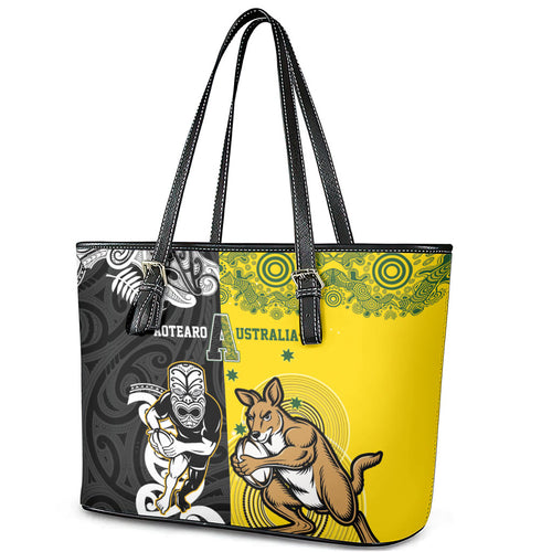 Aotearoa New Zealand and Australia Rugby Leather Tote Bag Maori Koru and Aboriginal Dot Art Cultural Heritage