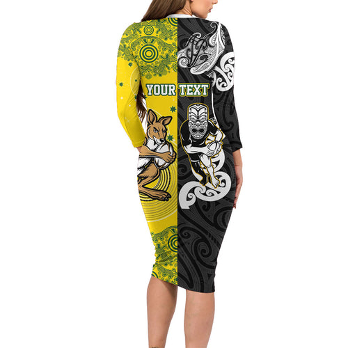 Aotearoa New Zealand and Australia Rugby Personalized Long Sleeve Bodycon Dress Maori Koru and Aboriginal Dot Art Cultural Heritage