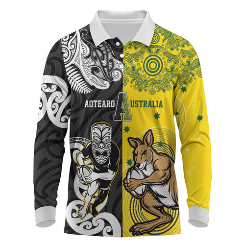Aotearoa New Zealand and Australia Rugby Personalized Long Sleeve Polo Shirt Maori Koru and Aboriginal Dot Art Cultural Heritage