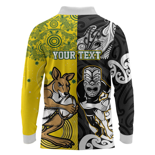 Aotearoa New Zealand and Australia Rugby Personalized Long Sleeve Polo Shirt Maori Koru and Aboriginal Dot Art Cultural Heritage