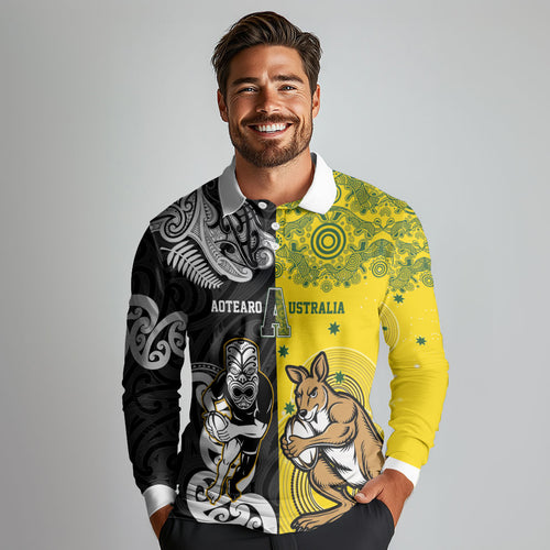 Aotearoa New Zealand and Australia Rugby Personalized Long Sleeve Polo Shirt Maori Koru and Aboriginal Dot Art Cultural Heritage