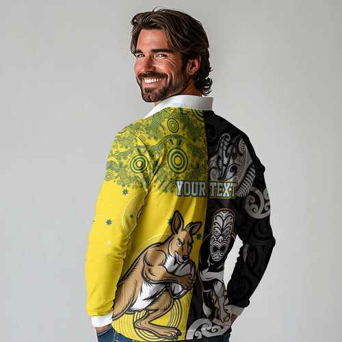 Aotearoa New Zealand and Australia Rugby Personalized Long Sleeve Polo Shirt Maori Koru and Aboriginal Dot Art Cultural Heritage