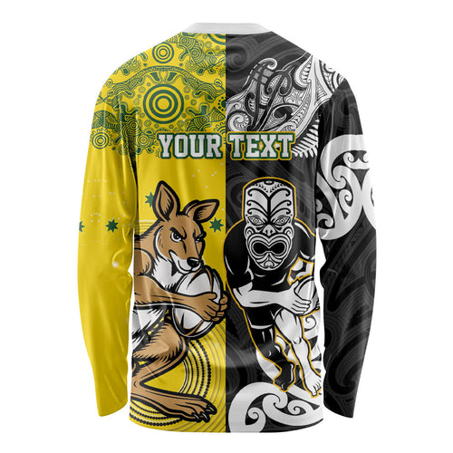 Aotearoa New Zealand and Australia Rugby Personalized Long Sleeve Shirt Maori Koru and Aboriginal Dot Art Cultural Heritage