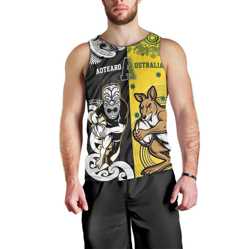 Aotearoa New Zealand and Australia Rugby Personalized Men Tank Top Maori Koru and Aboriginal Dot Art Cultural Heritage