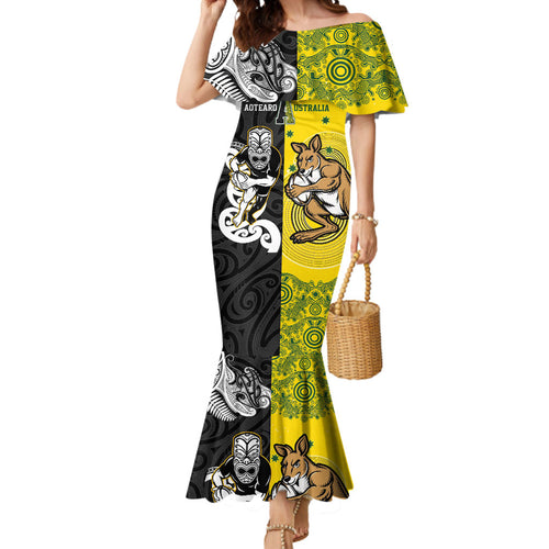 Aotearoa New Zealand and Australia Rugby Personalized Mermaid Dress Maori Koru and Aboriginal Dot Art Cultural Heritage
