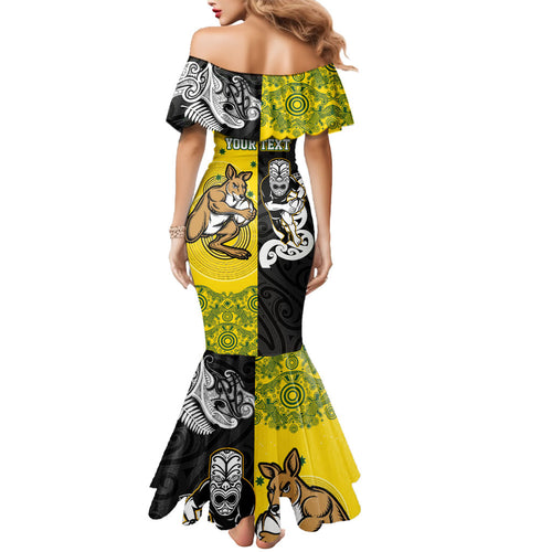 Aotearoa New Zealand and Australia Rugby Personalized Mermaid Dress Maori Koru and Aboriginal Dot Art Cultural Heritage
