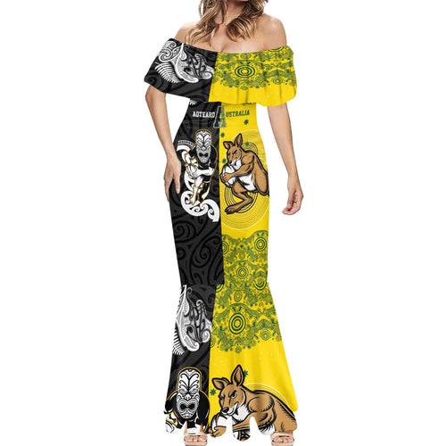 Aotearoa New Zealand and Australia Rugby Personalized Mermaid Dress Maori Koru and Aboriginal Dot Art Cultural Heritage