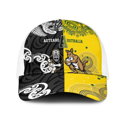 Aotearoa New Zealand and Australia Rugby Mesh Trucker Cap Maori Koru and Aboriginal Dot Art Cultural Heritage
