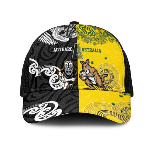 Aotearoa New Zealand and Australia Rugby Mesh Trucker Cap Maori Koru and Aboriginal Dot Art Cultural Heritage