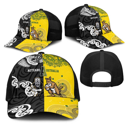 Aotearoa New Zealand and Australia Rugby Mesh Trucker Cap Maori Koru and Aboriginal Dot Art Cultural Heritage