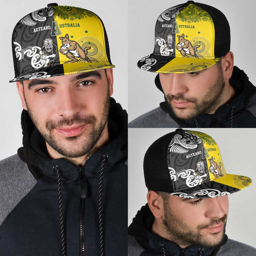 Aotearoa New Zealand and Australia Rugby Mesh Trucker Cap Maori Koru and Aboriginal Dot Art Cultural Heritage