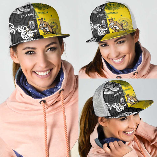 Aotearoa New Zealand and Australia Rugby Mesh Trucker Cap Maori Koru and Aboriginal Dot Art Cultural Heritage