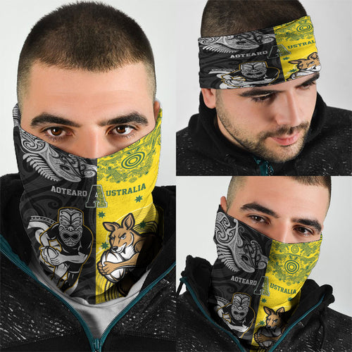 Aotearoa New Zealand and Australia Rugby Neck Gaiter Maori Koru and Aboriginal Dot Art Cultural Heritage