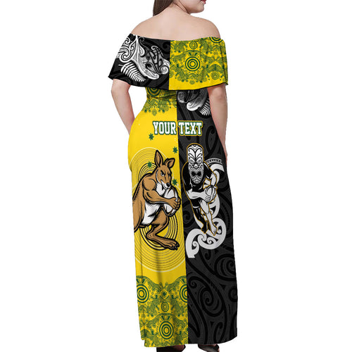 Aotearoa New Zealand and Australia Rugby Personalized Off Shoulder Maxi Dress Maori Koru and Aboriginal Dot Art Cultural Heritage