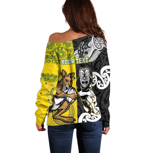 Aotearoa New Zealand and Australia Rugby Personalized Off Shoulder Sweater Maori Koru and Aboriginal Dot Art Cultural Heritage